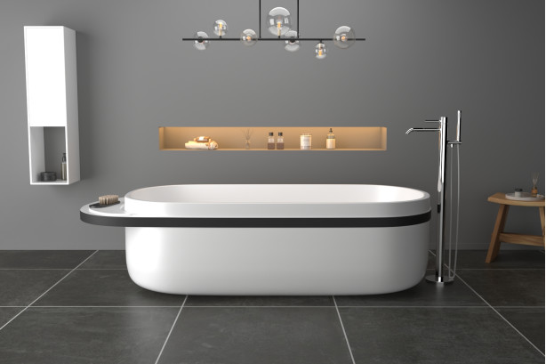 Freestanding ARO White bath + NOIR Frmae in Krion® front view