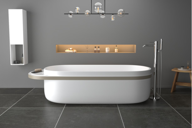 Freestanding ARO White bath + BEIGE frame in Krion® front view