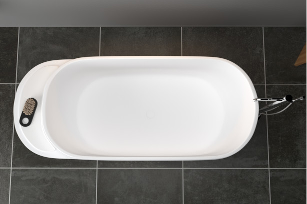 Freestanding ARO White bath + BEIGE frame in Krion® side view