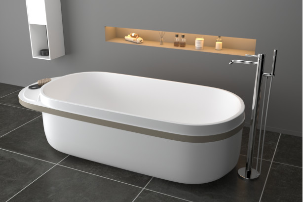 Freestanding ARO White bath + BEIGE frame in Krion® side view
