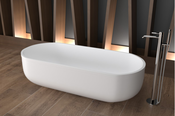 Freestanding ARO AIR White bath + White frame in Krion® side view