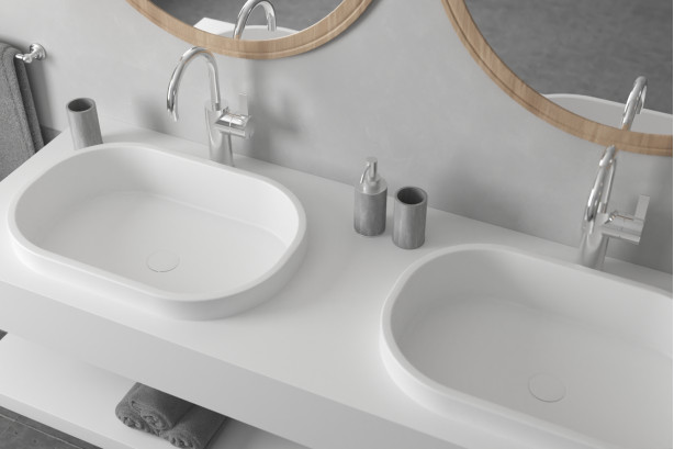 PIANA double washbasin in Krion® seen from the side