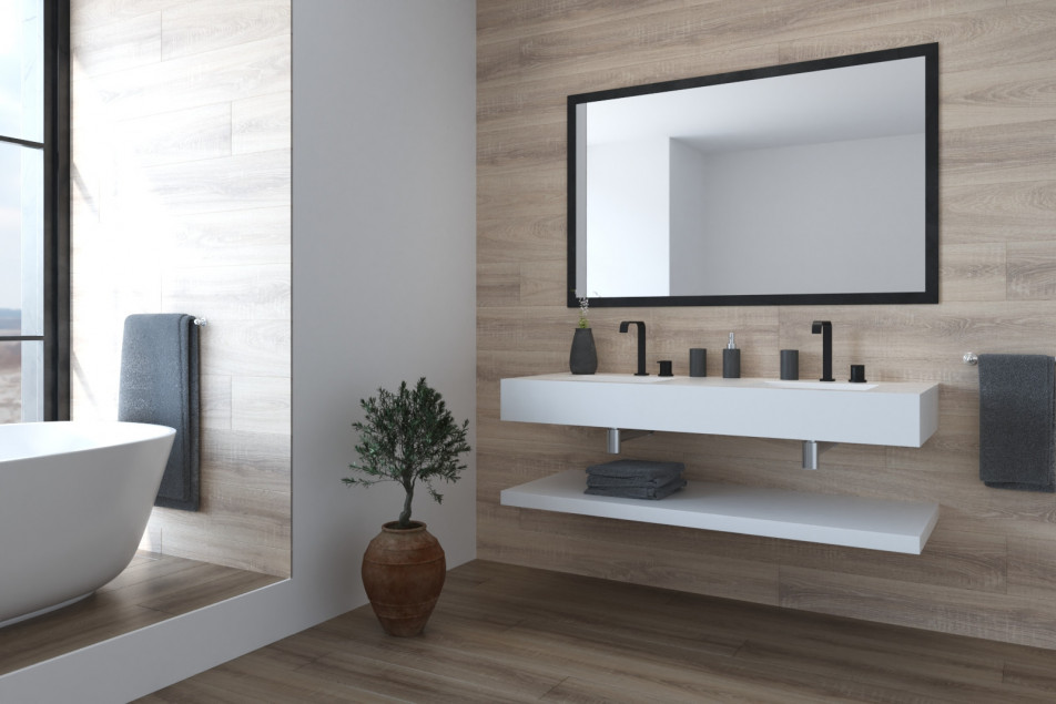 DUMET double washbasin in Krion® seen from the side