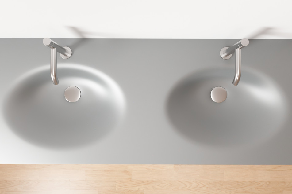 PERLE ash grey double washbasin in Krion® top view