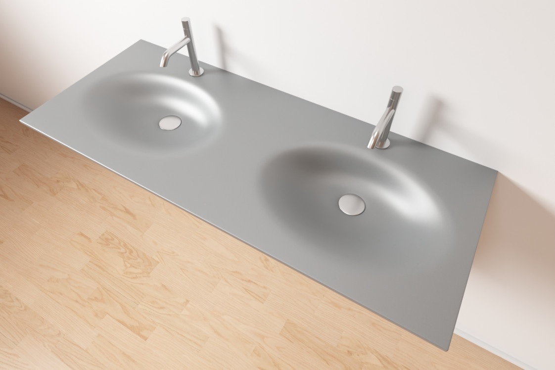 PERLE ash grey double washbasin in Krion® side view