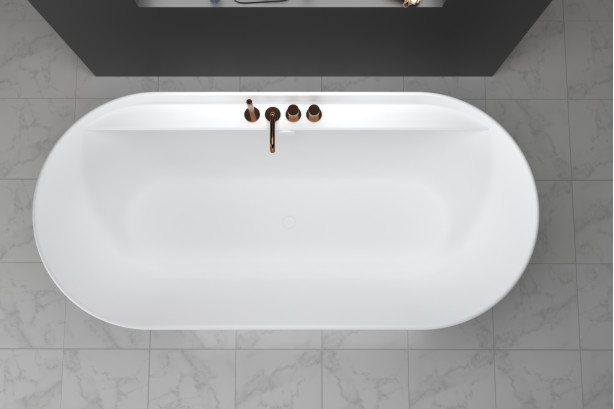 Brushed Rose Gold LOOP K bath and shower taps on ledge by Sanycces top view