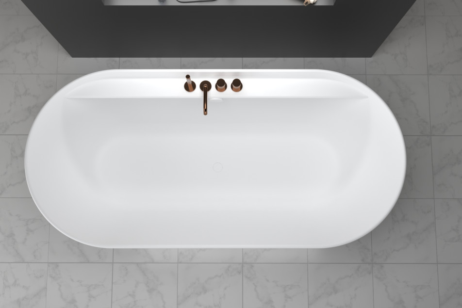Brushed Rose Gold LOOP K bath and shower taps on ledge by Sanycces top view