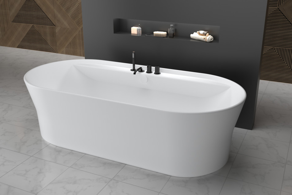 Brushed Grey LOOP K bath and shower taps on ledge by Sanycces side view
