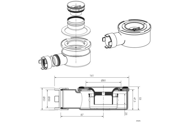 Sanycces extra-flat plug for shower trays technical view