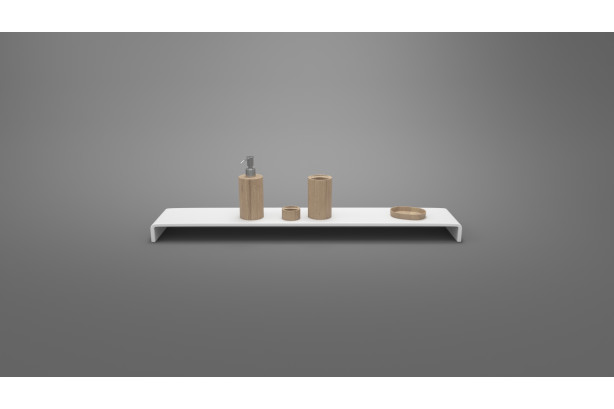 Golden Gate Corian® white bath shelf, front view with accessories