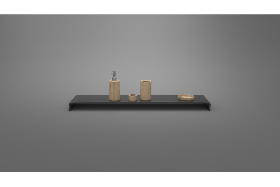 Golden Gate Corian® black bath shelf, front view with accessories
