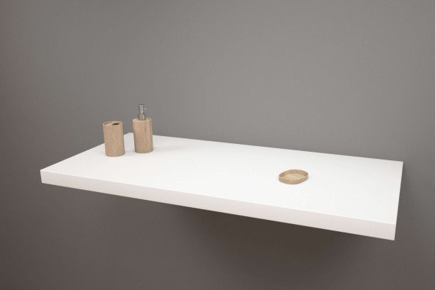 Thick wall shelf in KRION® under double washbasin seen from the side