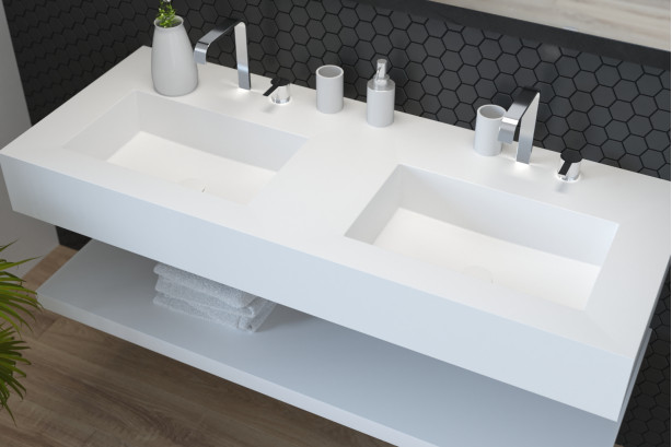 Thick wall shelf in KRION® underneath double washbasin seen from the side with washbasin top