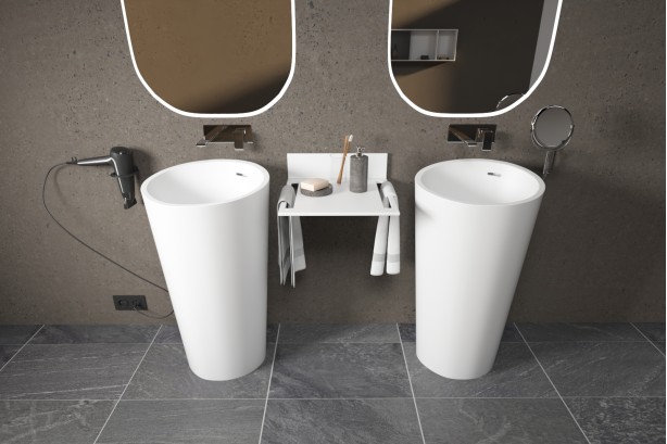 KRION® ALMOND basin grey floor drain double washbasin view