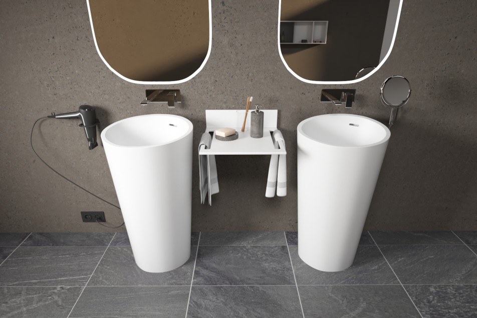 KRION® ALMOND white basin floor drain double washbasin view
