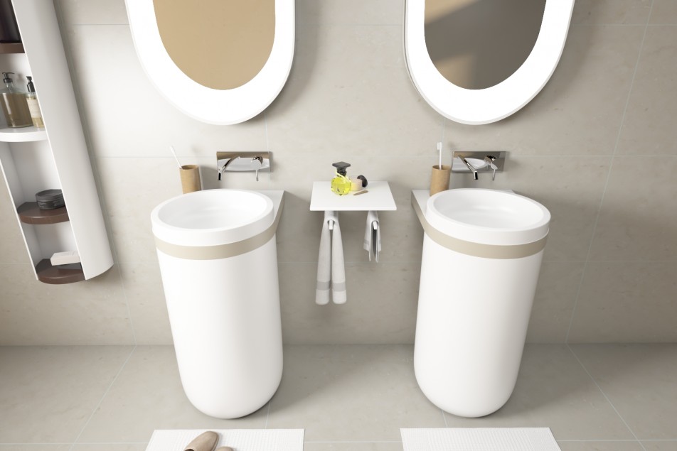 KRION® ARO floor-standing basin beige double washbasin front view
