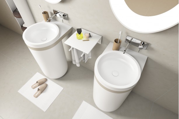 KRION® ARO floor-standing basin beige double washbasin side view
