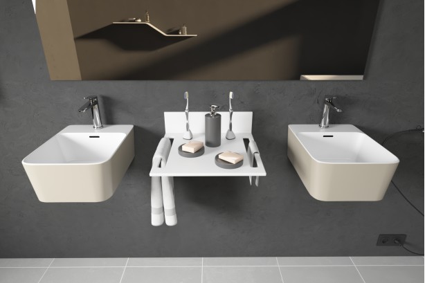 KRION® MODUL wall mounted beige double washbasin front view