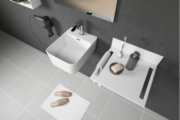 KRION® MODUL wall mounted white washbasin side view