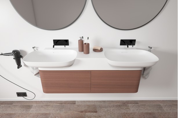 KRION® NEST drawer unit with double washbasin front view