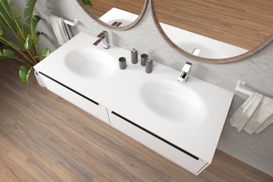 PERLE double washbasin unit with two drawers in Corian® side view