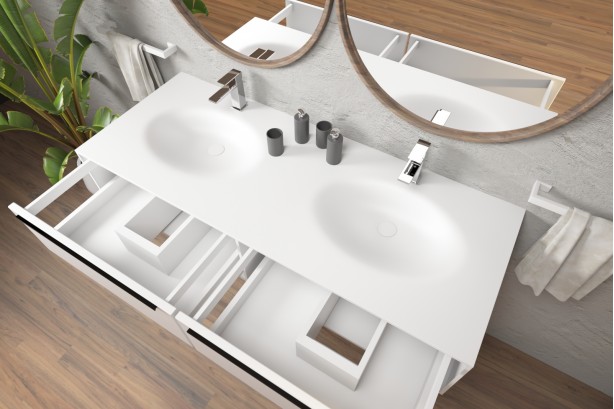 PERLE double washbasin unit with two open drawers in Corian® side view