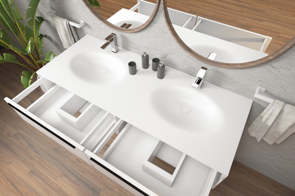PERLE double washbasin unit with two open drawers in Corian® side view