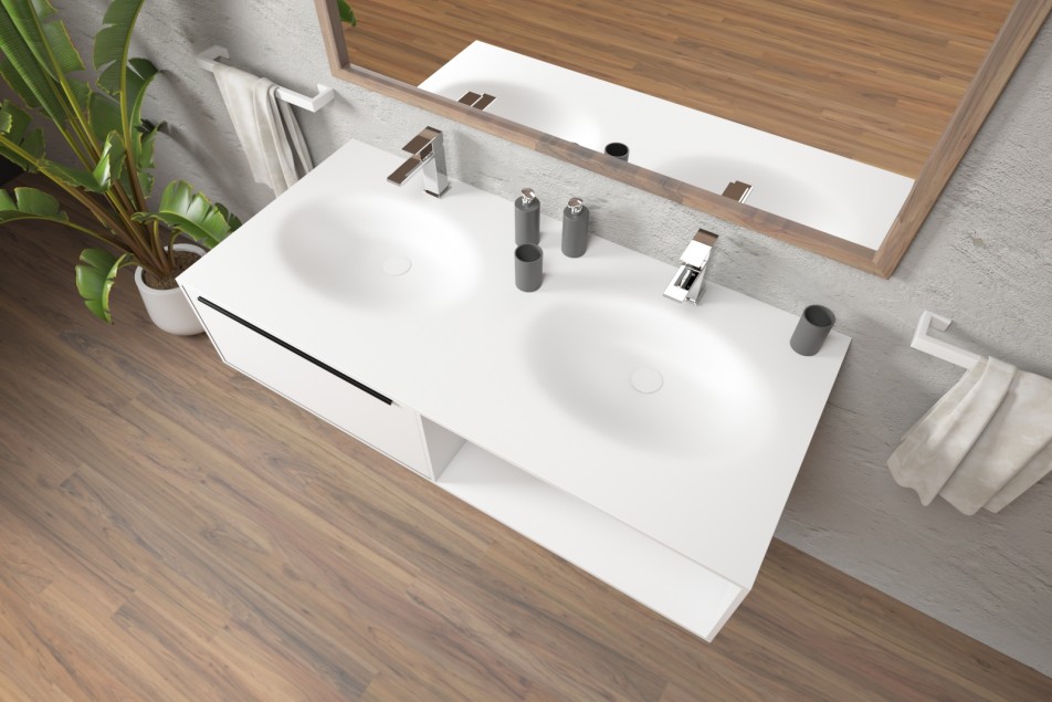 PERLE double washbasin unit with one drawer, one niche in Corian® side view