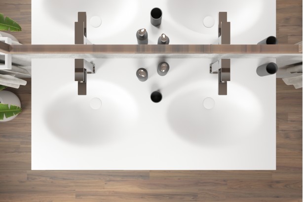 Meuble PERLE double vasque avec un tiroir avec poignée, une niche en Corian® vue de côté