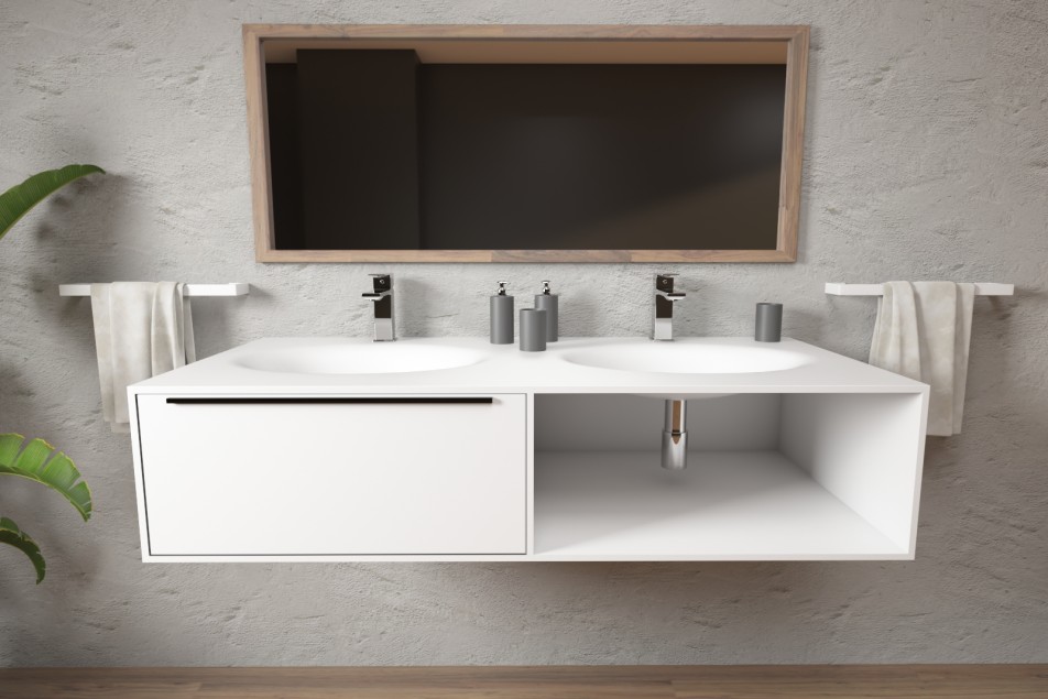 PERLE double washbasin unit with one drawer, one niche in Corian® front view