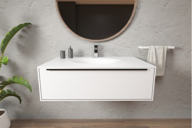 PERLE single washbasin unit with one drawer with Corian® handle front view