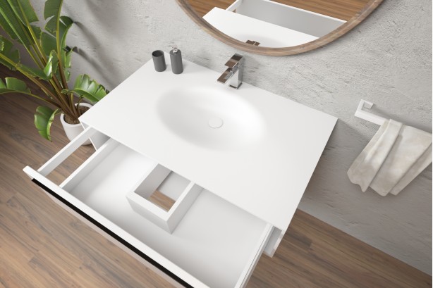 PERLE single washbasin unit with one open drawer with Corian® handle side view