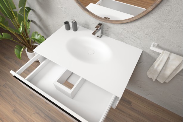 Meuble PERLE simple vasque avec un tiroir ouvert avec poignée en Corian® vue de côté