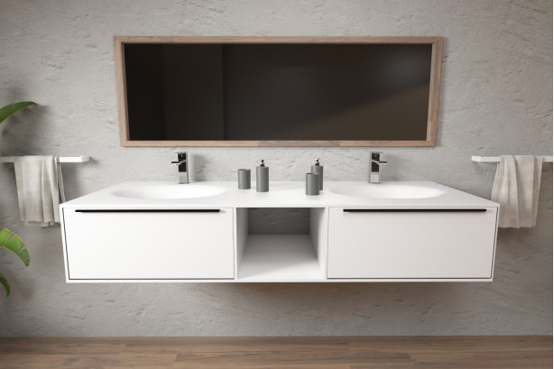 Meuble PERLE double vasque avec deux tiroirs avec poignée, une niche en Corian® vue de côté