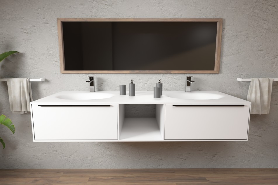 PERLE double washbasin unit with two drawers with handle, one niche in Corian® front view