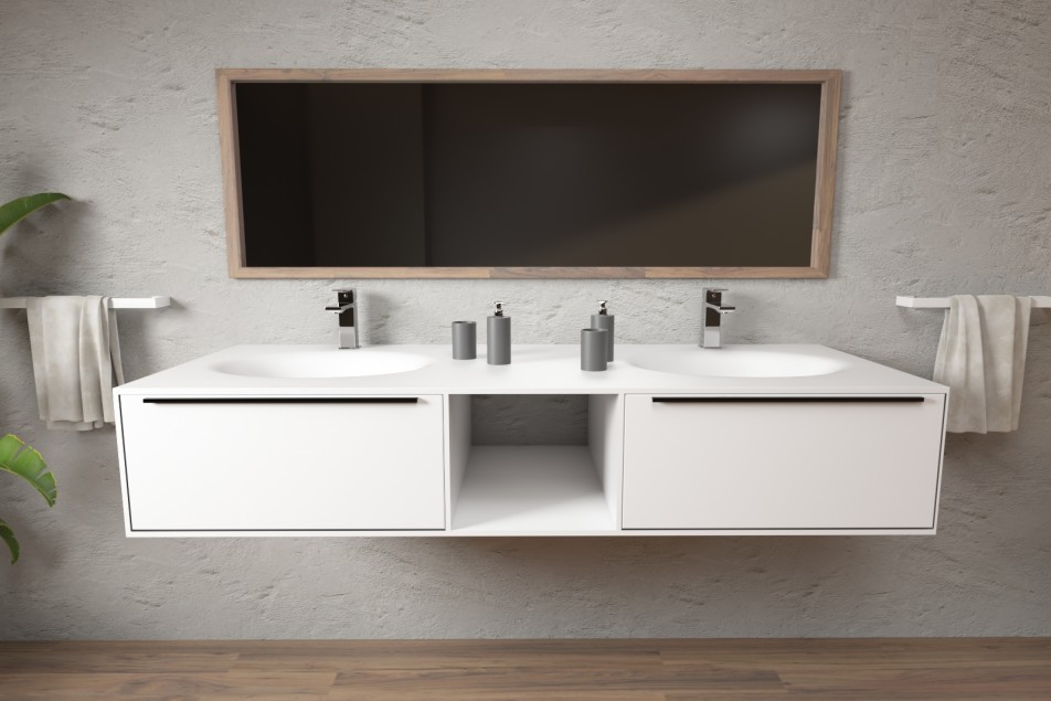 Meuble PERLE double vasque avec deux tiroirs avec poignée, une niche en Corian® vue de face