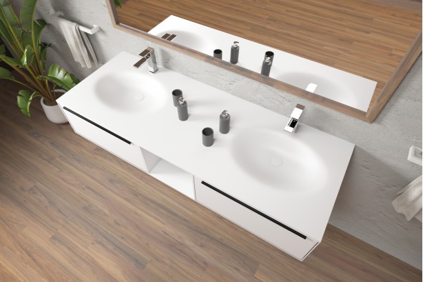 PERLE double washbasin unit with two drawers with handle, one niche in Corian® side view