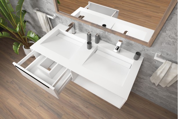 Meuble HOEDIC double vasque avec un tiroir ouvert avec poignée, une niche en Corian® vue de côté