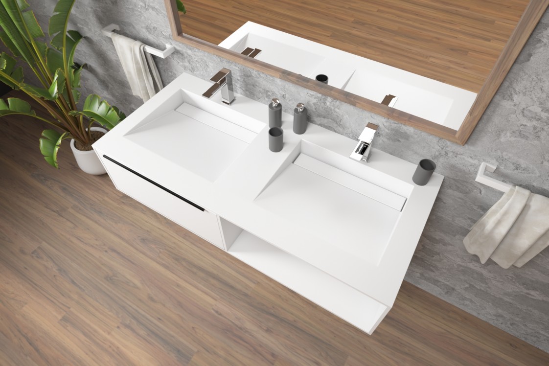 Meuble HOEDIC double vasque avec un tiroir avec poignée, une niche en Corian® vue de côté