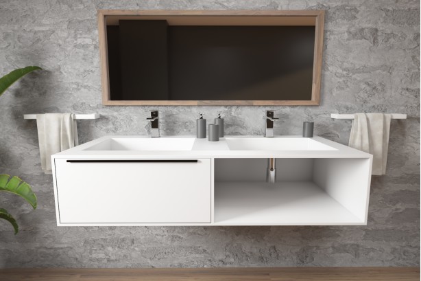 HOEDIC double washbasin unit with one drawer with handle, one niche in Corian® side view