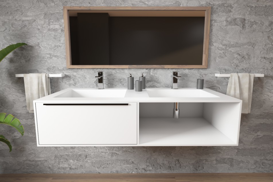 HOEDIC double washbasin unit with one drawer with handle, one niche in Corian® front view