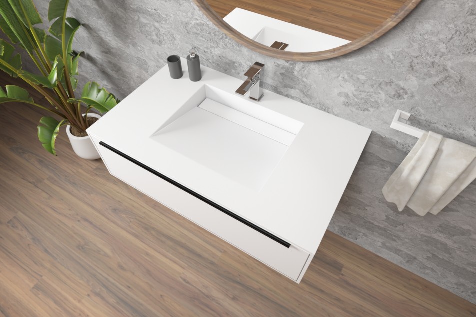 Meuble HOEDIC simple vasque avec un tiroir avec poignée en Corian® vue de côté