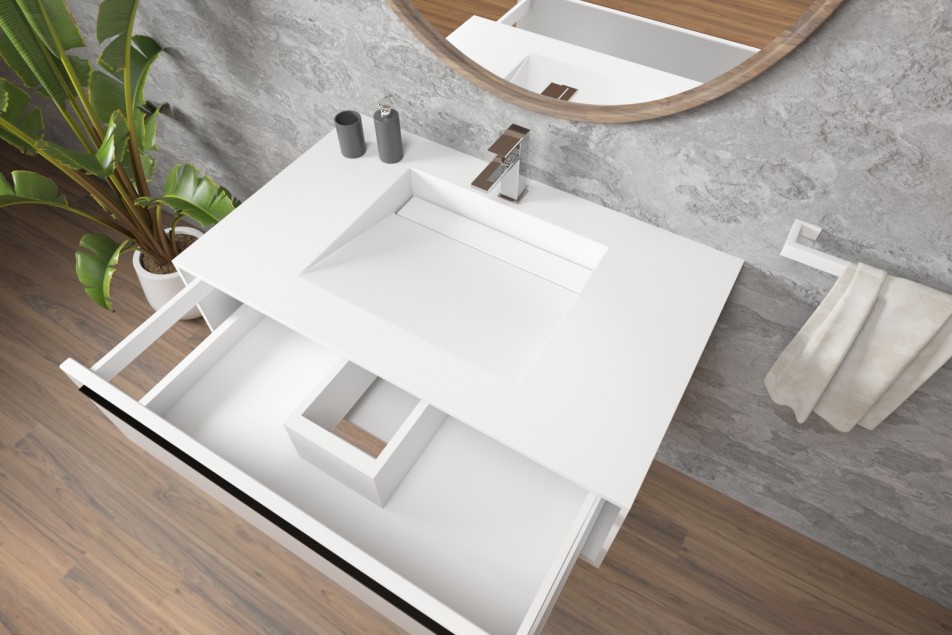 Meuble HOEDIC simple vasque avec un tiroir ouvert avec poignée en Corian® vue de côté