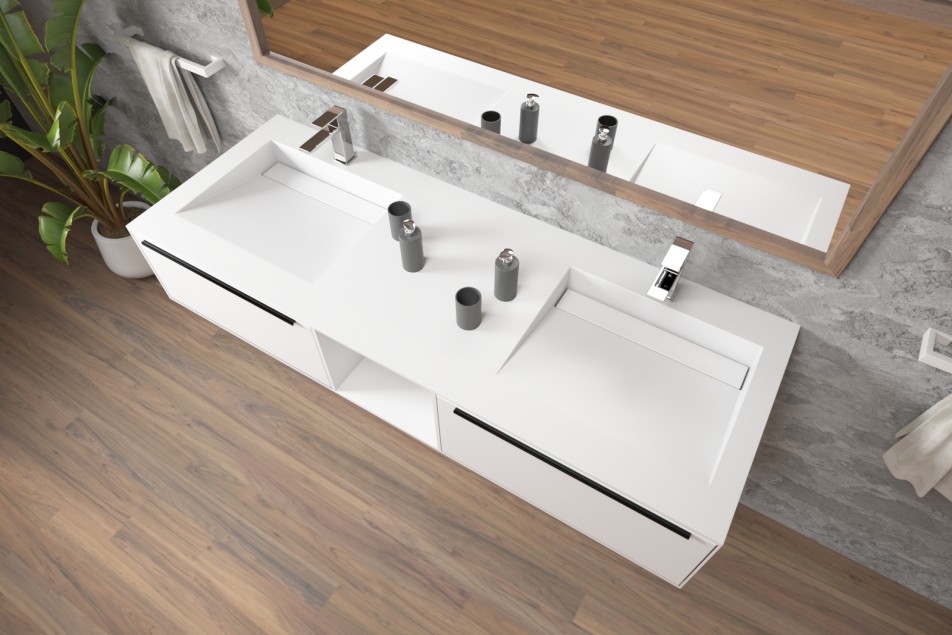 Meuble HOEDIC double vasque avec deux tiroirs avec poignée, une niche en Corian® vue de côté