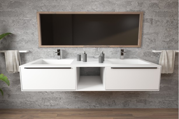 HOEDIC double washbasin unit with two drawers with handle, one niche in Corian® side view