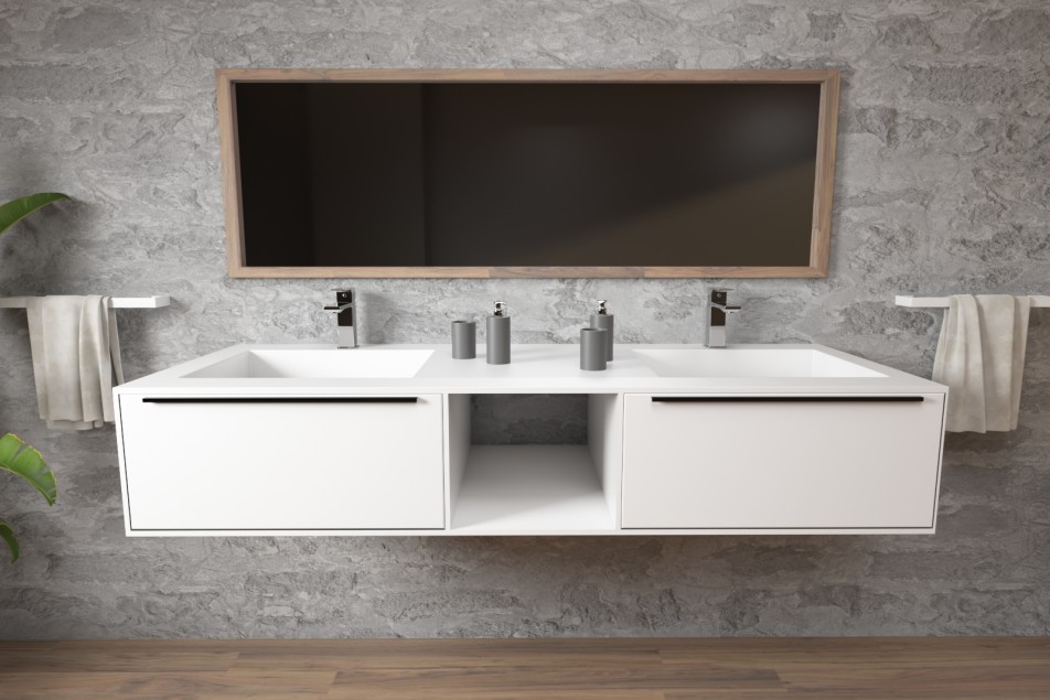 Meuble HOEDIC double vasque avec deux tiroirs avec poignée, une niche en Corian® vue de face
