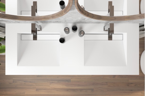 Meuble HOEDIC double vasque avec deux tiroirs avec push to open en Corian® vue de dessus