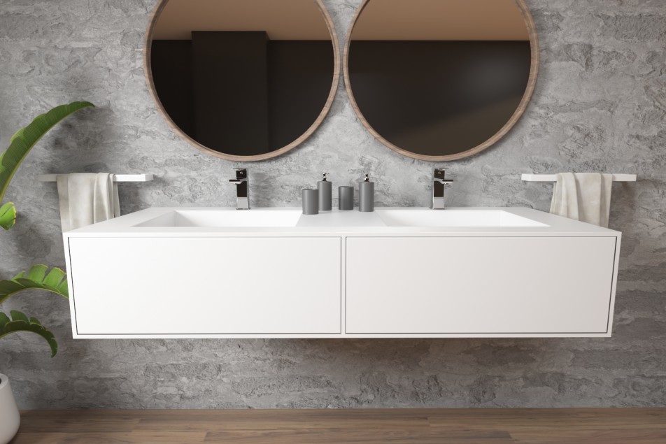 HOEDIC double washbasin unit with two drawers with push to open in Corian® front view