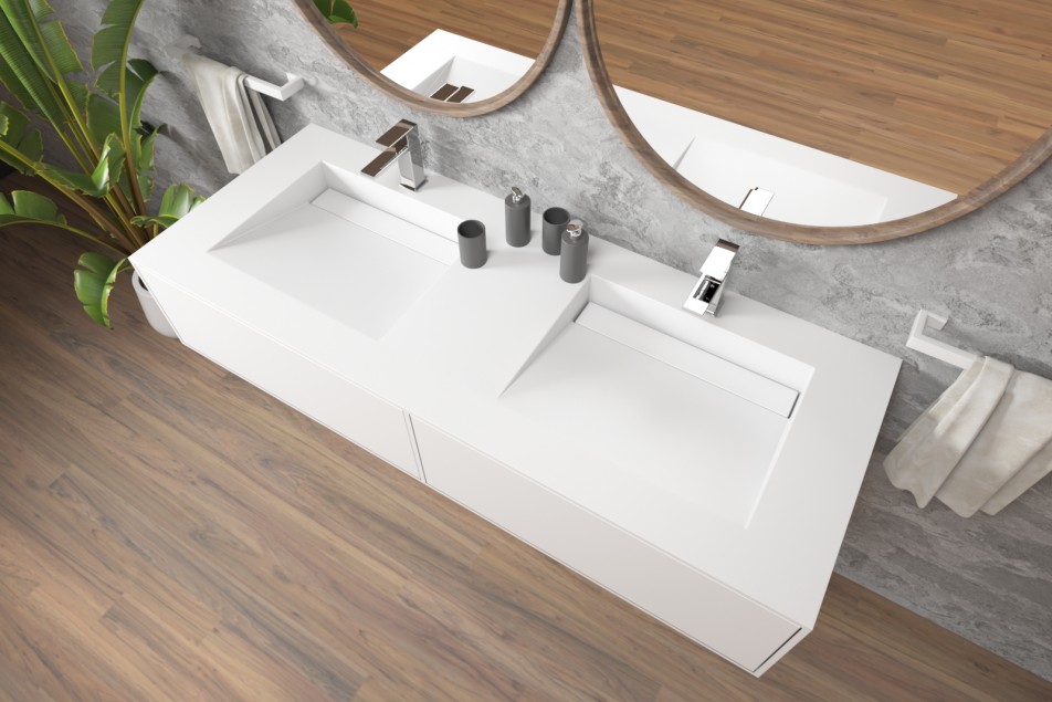 Meuble HOEDIC double vasque avec deux tiroirs avec push to open en Corian® vue de côté