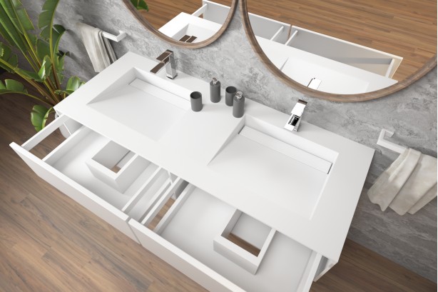 Meuble HOEDIC double vasque avec deux tiroirs ouverts avec push to open en Corian® vue de côté